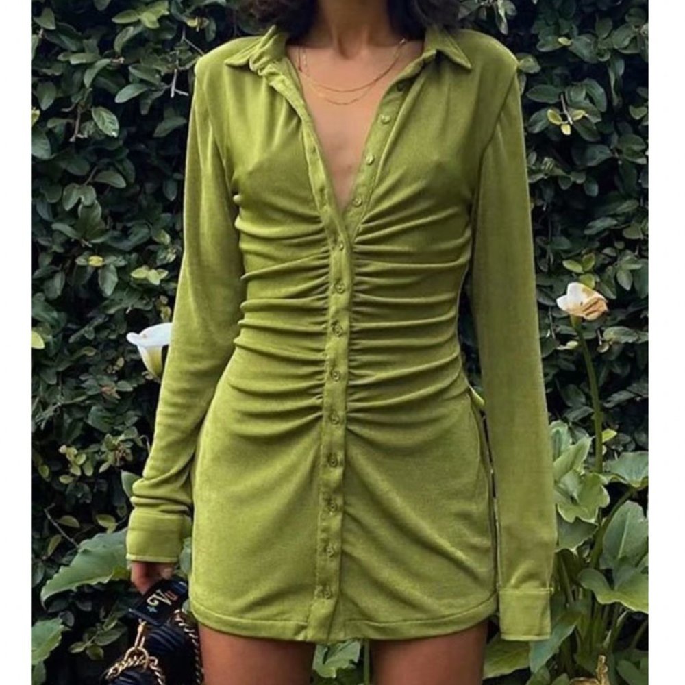 Ruched Velvet Shirt Mini Dress